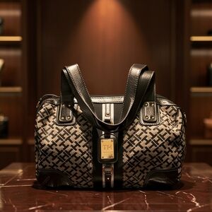Tommy Hilfiger Black and Tan Patterned Satchel
